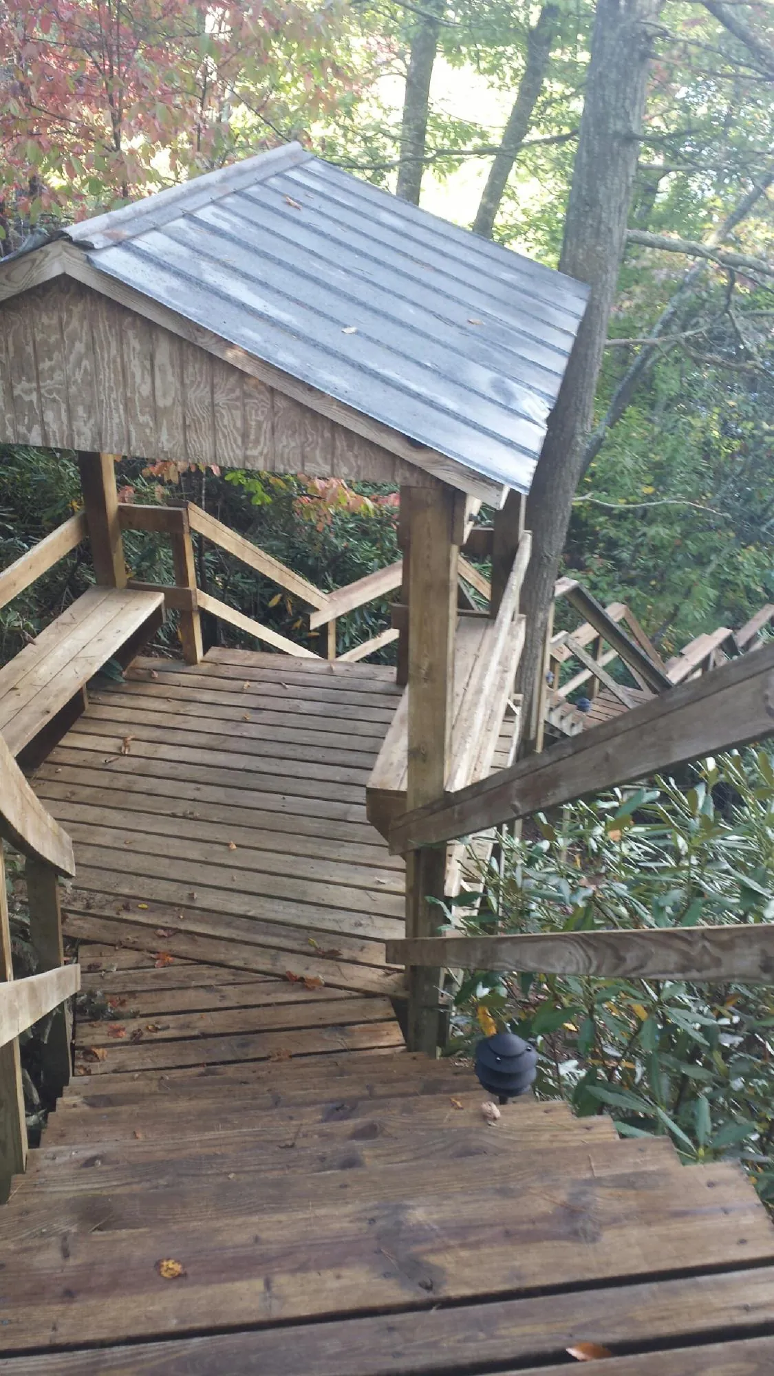 Metal roofed shelter over wooden steps on a wooded walkway — Skylight Repair & Installation work by our crew in Van Buren